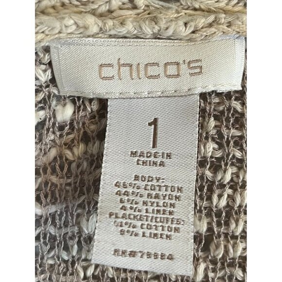 Chicos Sweater Women 8 Tan Cardigan Woven Neutral Beach Coastal Western Boho - Picture 2 of 12